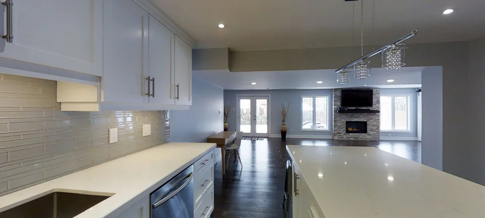 The kitchen counters, in a finished basement in Aurora by Harmony Basements, captured in 360 degrees