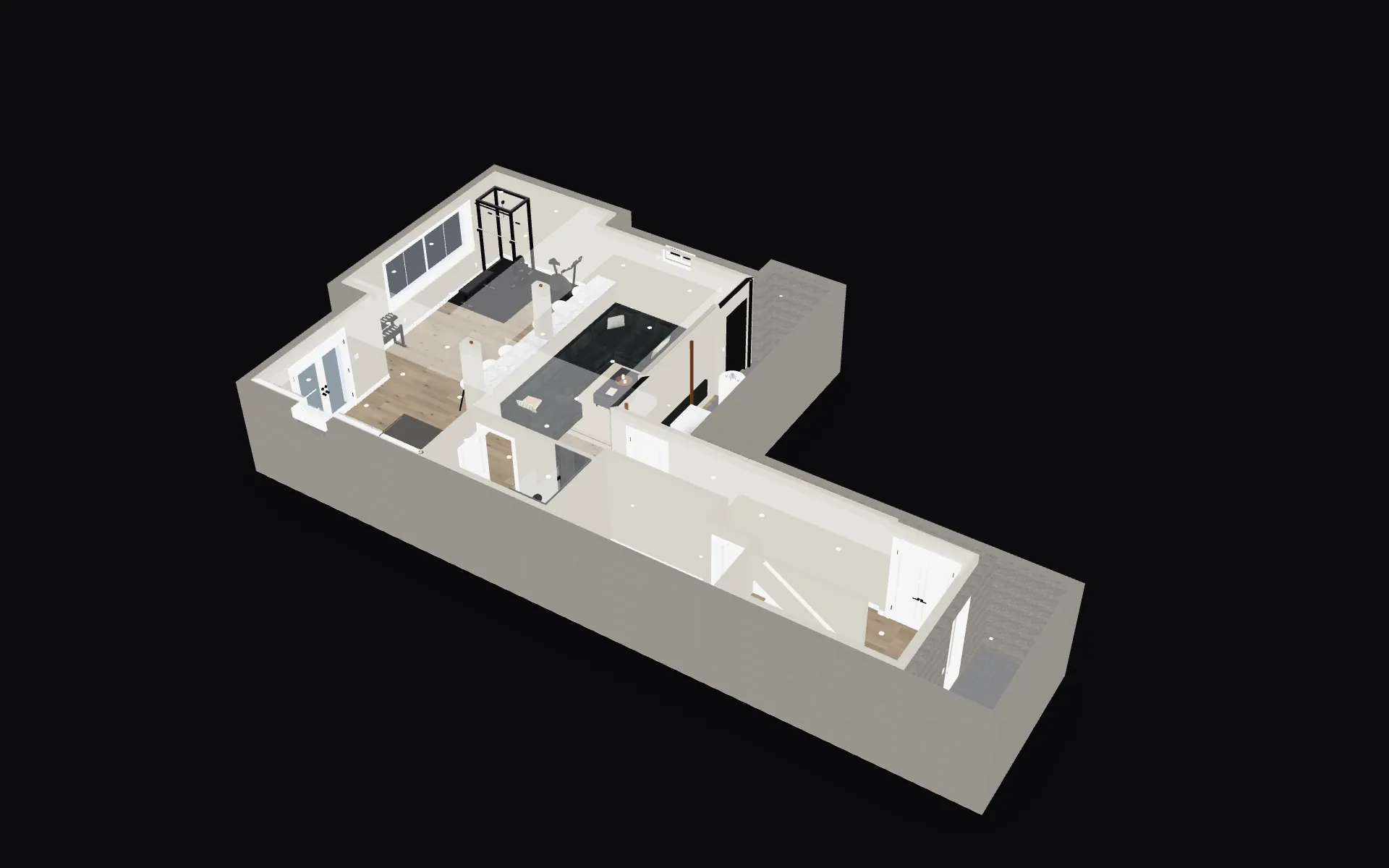 The 3D design model of a Harmony basement in East Gwillimbury, seen from above: the lounge and its fireplace wall, the wet bar, the bathroom, the hallway and the stair