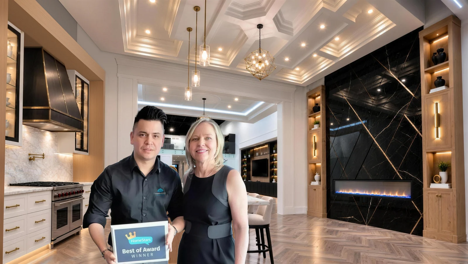 Diego Botia with Nancy Peterson, founder of HomeStars, holding a HomeStars Best of Award at the Harmony Basements design centre in Vaughan