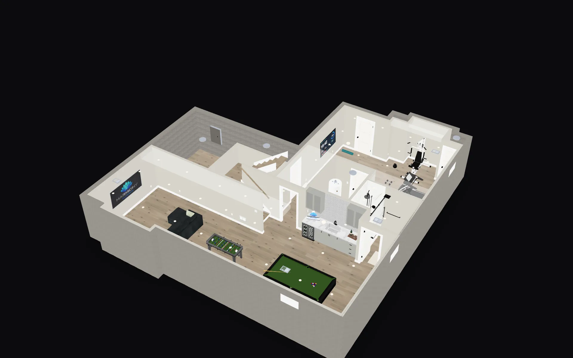 The 3D design model of a Harmony basement in Hamilton, seen from above: the game room, the bar, the bathroom, the gym and the stair