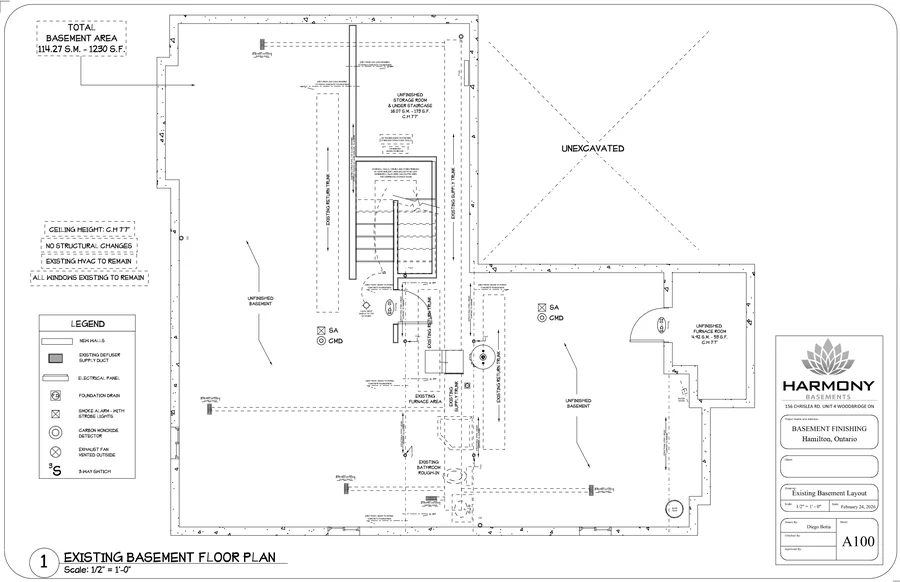 Basement permit drawing in Hamilton: sheet A100, the existing basement layout, drawn by Harmony Basements