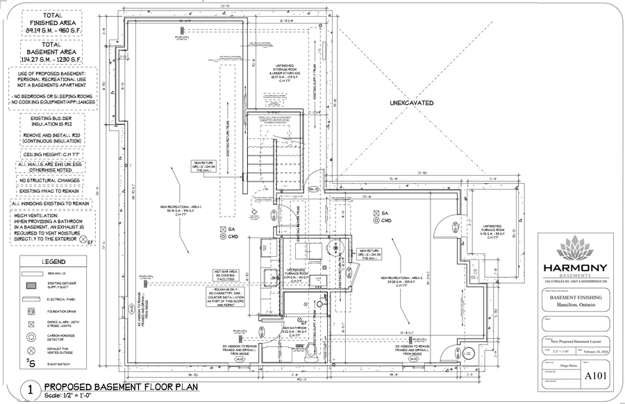 Finished basement permit drawing in Hamilton: sheet A101, the proposed basement layout, drawn by Harmony Basements