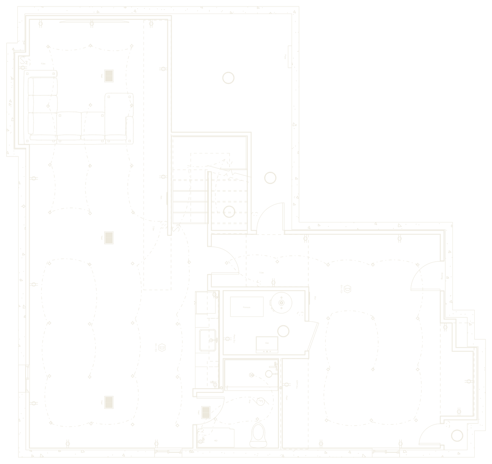 Proposed basement floor plan of the Ancaster, Hamilton project: walls, doors, the bathroom, the bar rough-in, lighting and the electrical layout, drawn by Harmony Basements
