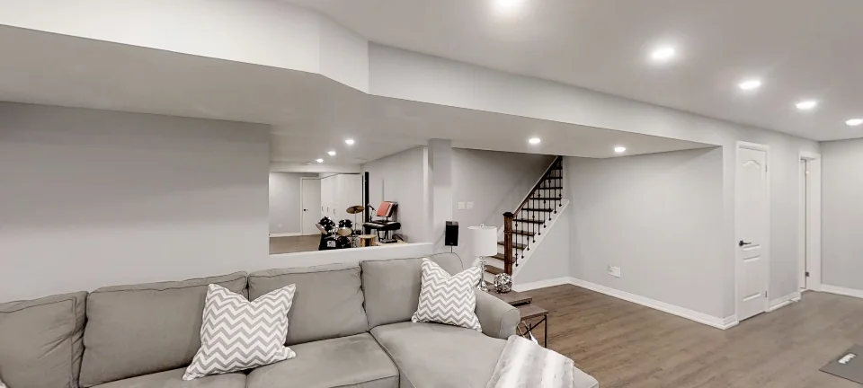 The rec area, in a finished basement by Harmony Basements, captured in 360 degrees