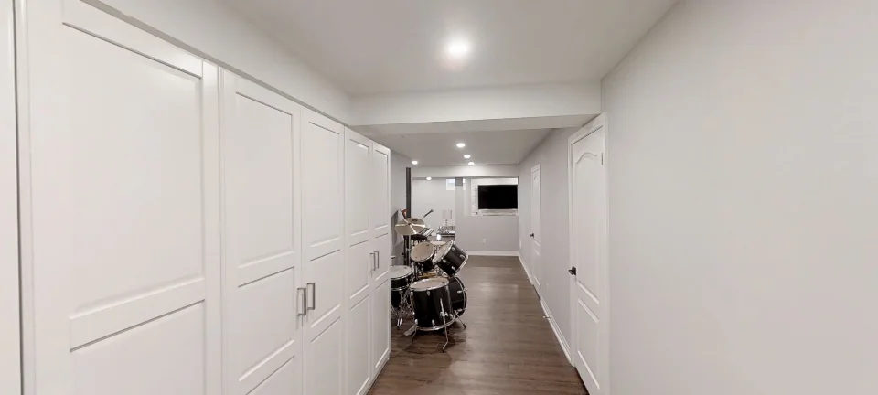 The second staircase, in a finished basement by Harmony Basements, captured in 360 degrees