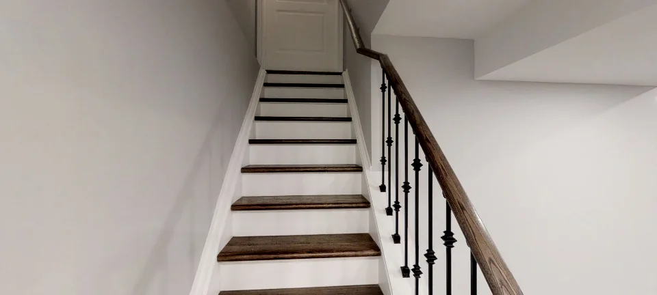 The staircase, in a finished Harmony basement, captured in 360 degrees