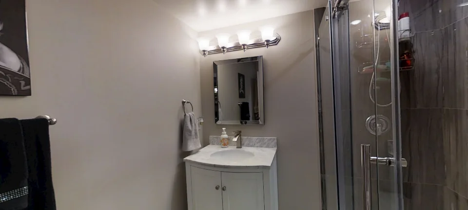 The bathroom: a glass shower and the vanity, in a finished basement in King City by Harmony Basements, captured in 360 degrees