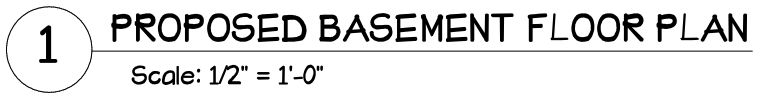Drawing 1: proposed basement floor plan, scale one-half inch to one foot