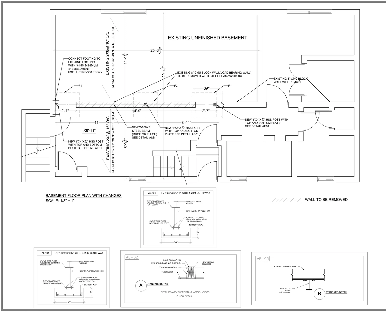 The engineered drawing for the wall removal: the basement floor plan with the load-bearing block wall marked to come out, the new steel beam, the HSS posts and the footing details