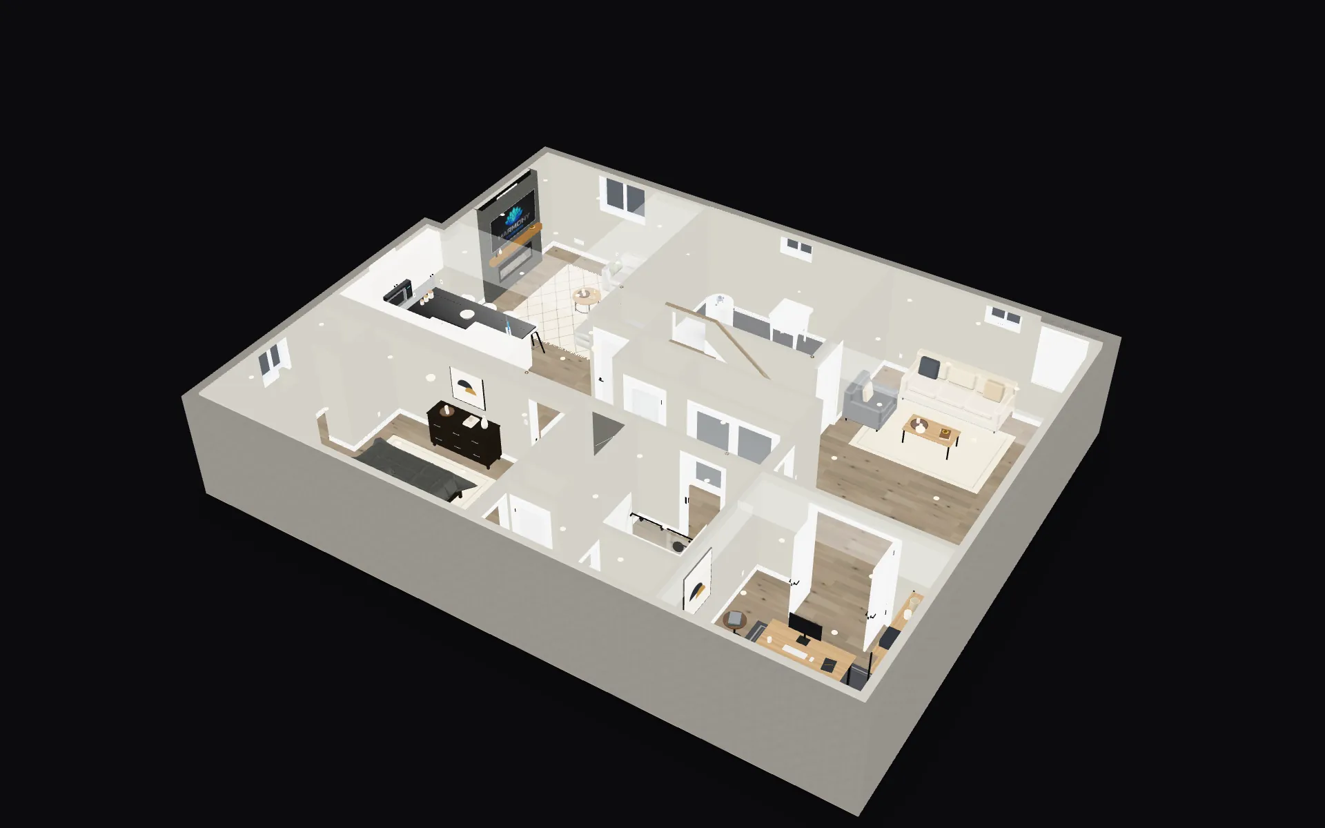 The 3D design model of a Harmony basement in Vaughan, seen from above: the family room, the kitchen, the bedroom, the bathroom, the office and the two stairs