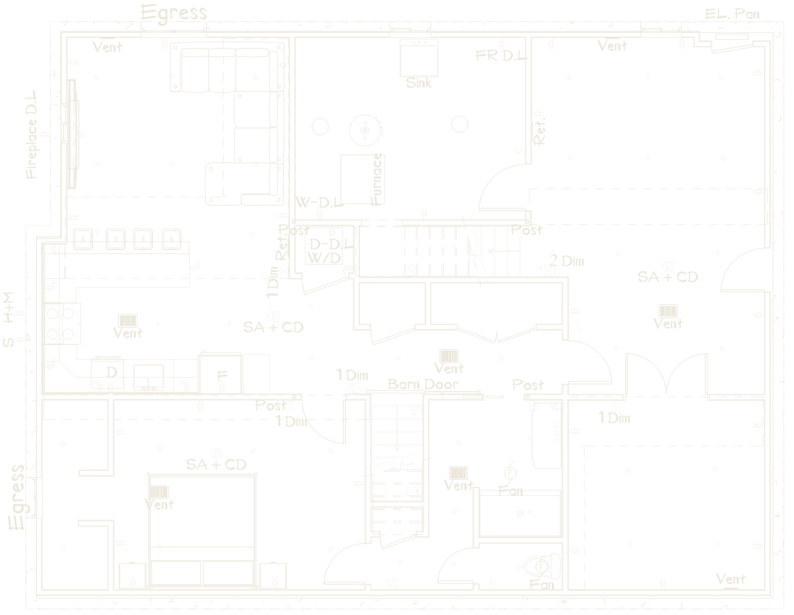 Proposed basement floor plan of the Woodbridge, Vaughan project: the new framed walls, the kitchen and bar run, the bathroom, the laundry, the stairs, the two egress windows and the full electrical layout, drawn by Harmony Basements