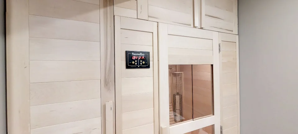 The bathroom’s built-in sauna, in a finished Harmony basement, captured in 360 degrees