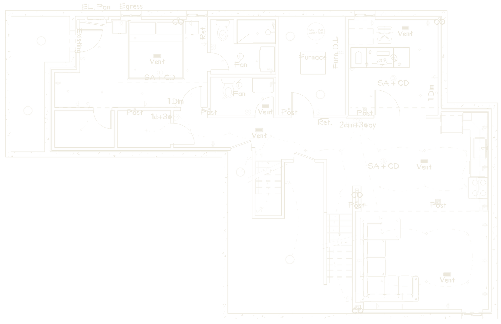 The floor plan of this Woodbridge basement as it was designed and priced: walls, doors, vents, the kitchen run and the electrical layout, drawn by Harmony Basements