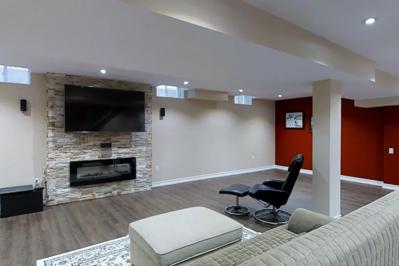 Electric fireplace: a finished Harmony basement, in the 3D tour