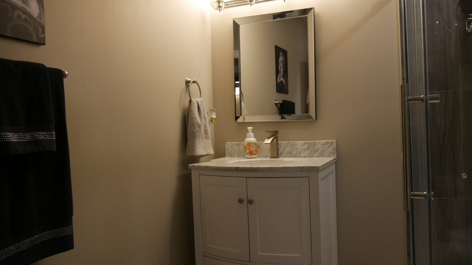 The bathroom vanity in a finished basement in King City by Harmony Basements
