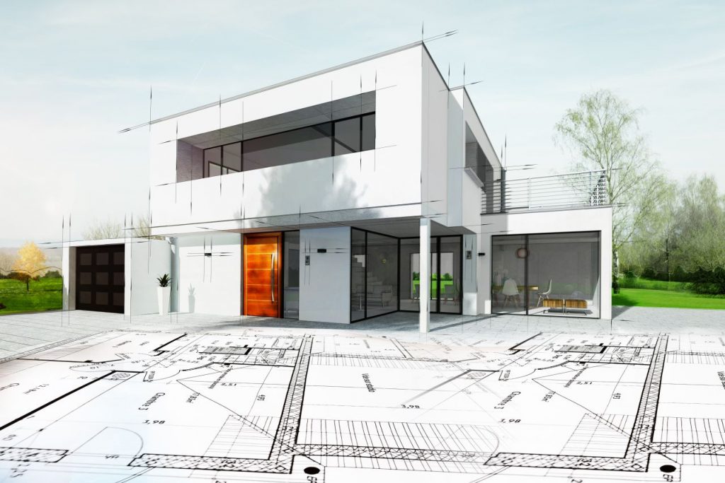 A house rendering over its architectural drawings