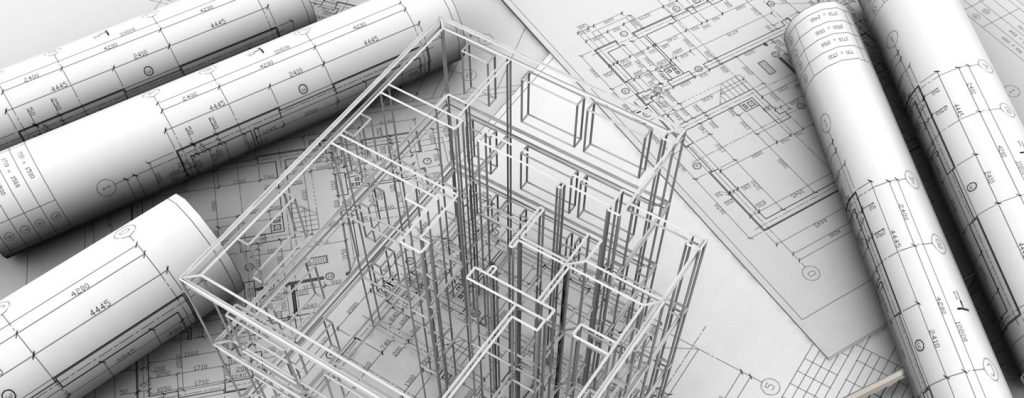 Rolled building plans beside a 3D wireframe drawing