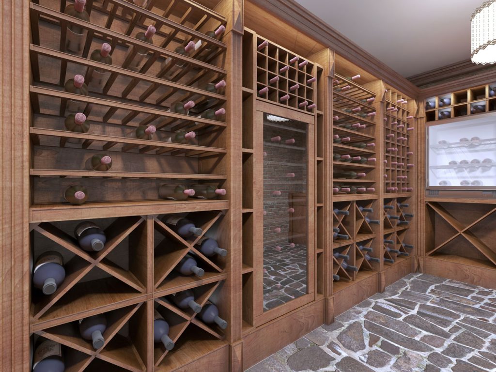 wine cellar with custom wooden cabinets