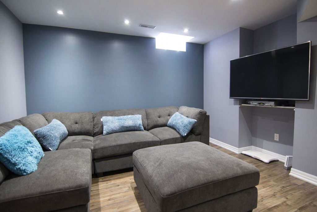 Blue Wall Painting in Amazing Basement Family Room Design Pickering