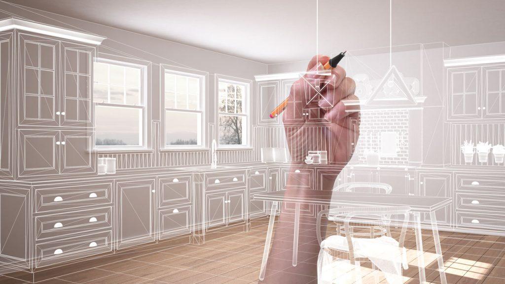 A kitchen design moving from sketch to 3D render