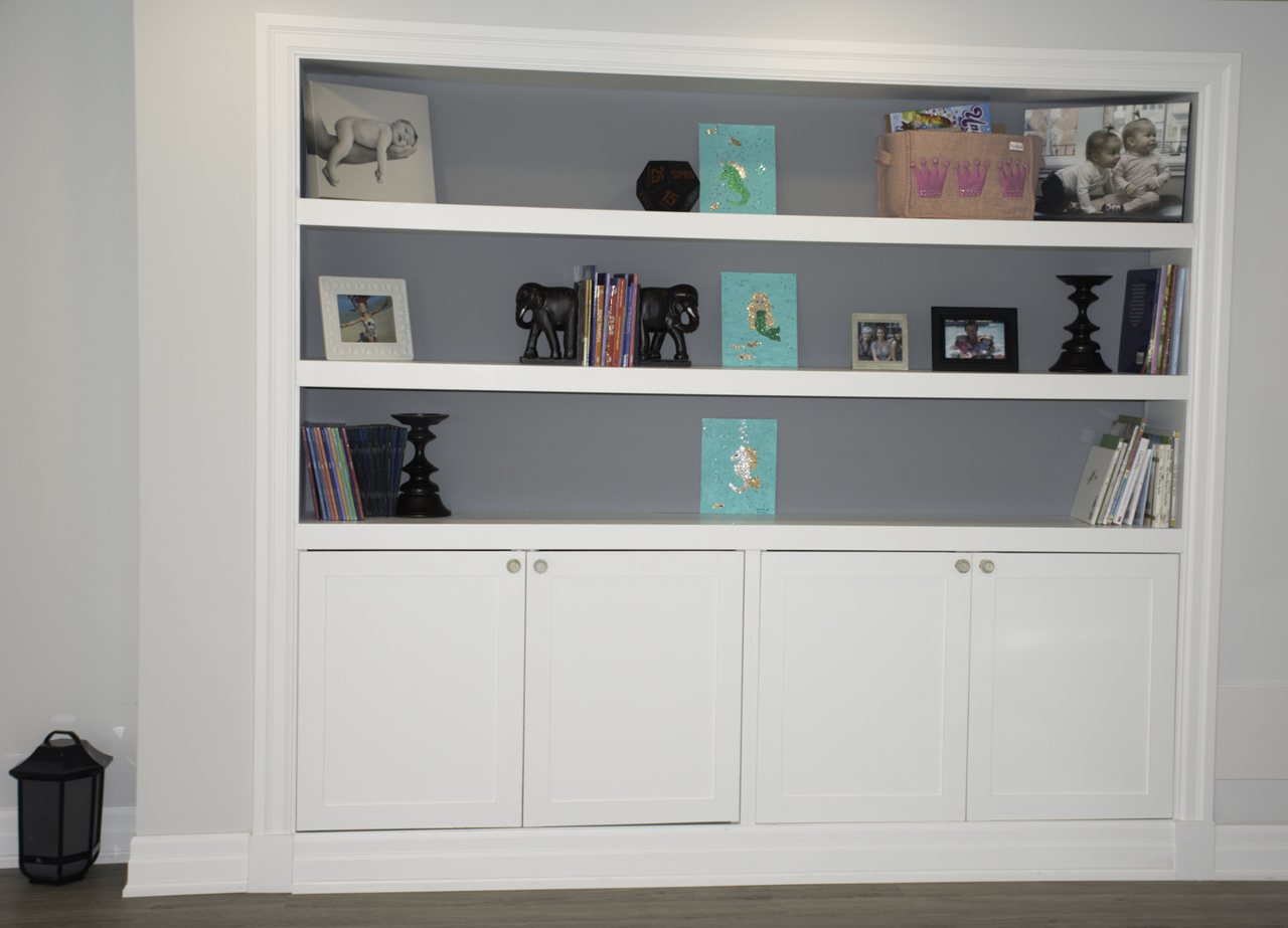 Basement built-in ideas for Pickering: a library wall of built-in shelving over closed cabinets &mdash; a walkout basement we built in Oakville