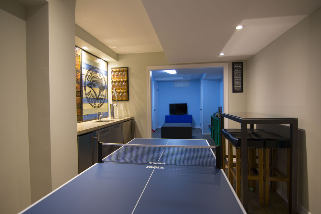 Basement games room in Kleinburg, by Harmony Basements